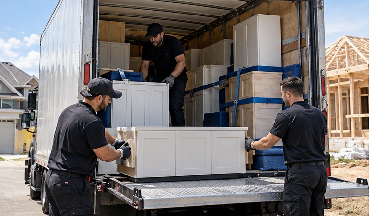 Illustration of workers loading kitchen cabinets inside a truck