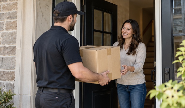 Illustration of a delivery worker giving a package to a customer