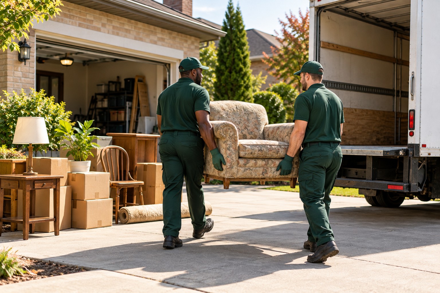 AI illustration of a junk removal crew carrying unwanted furniture from a garage toward a truck