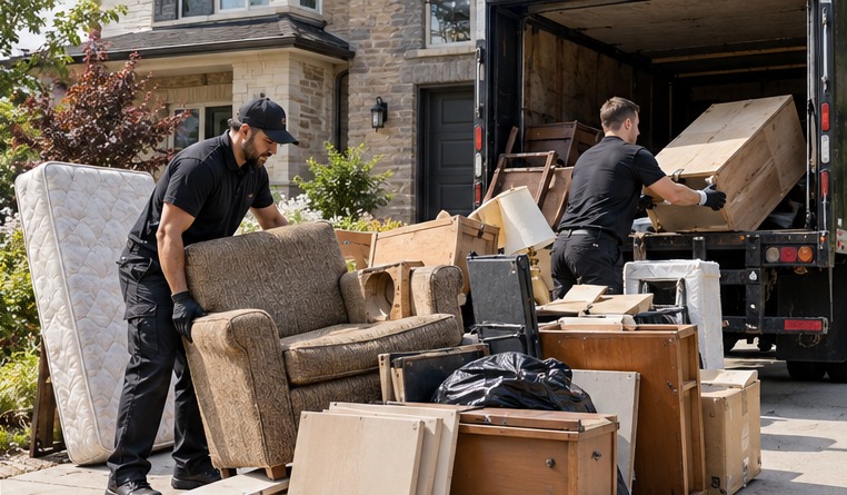 Illustration of workers removing furniture and household junk