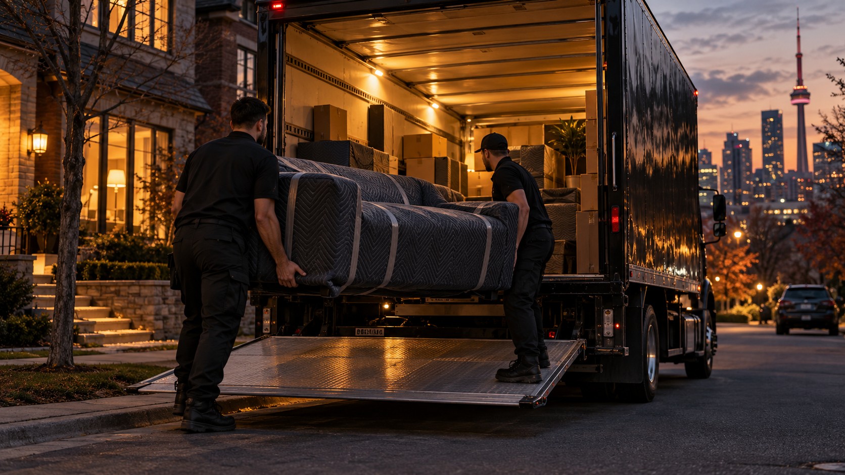 AI illustration of two movers loading a protected sofa into a moving truck at dusk