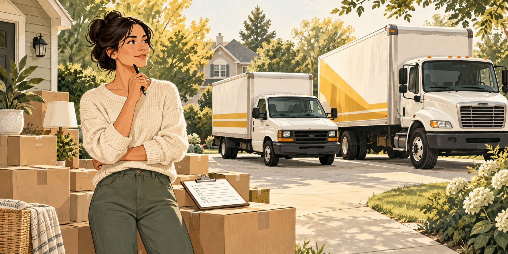 Editorial illustration of moving boxes and two moving trucks outside a home