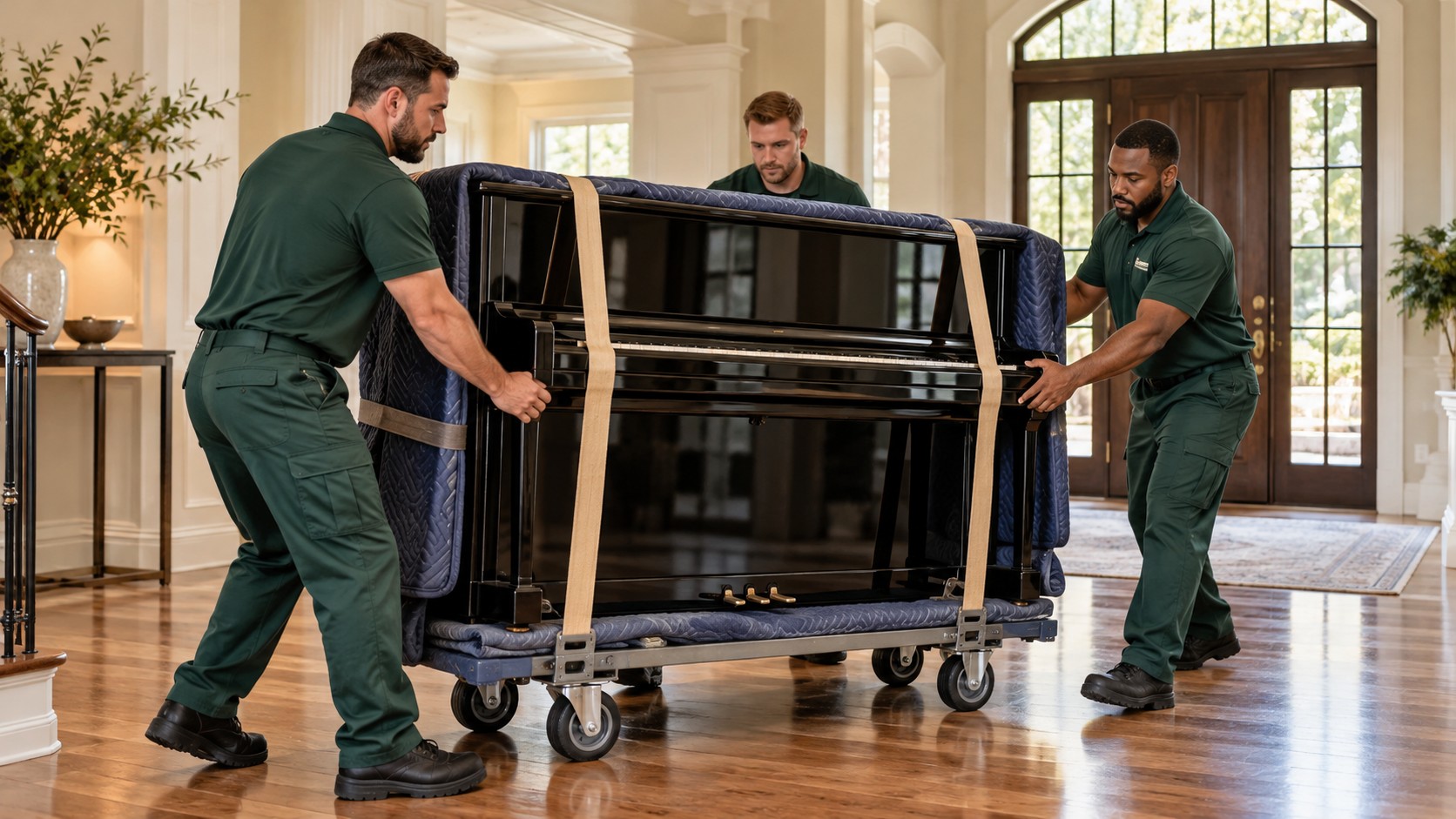 Illustration of a moving crew guiding a protected upright piano on a moving dolly
