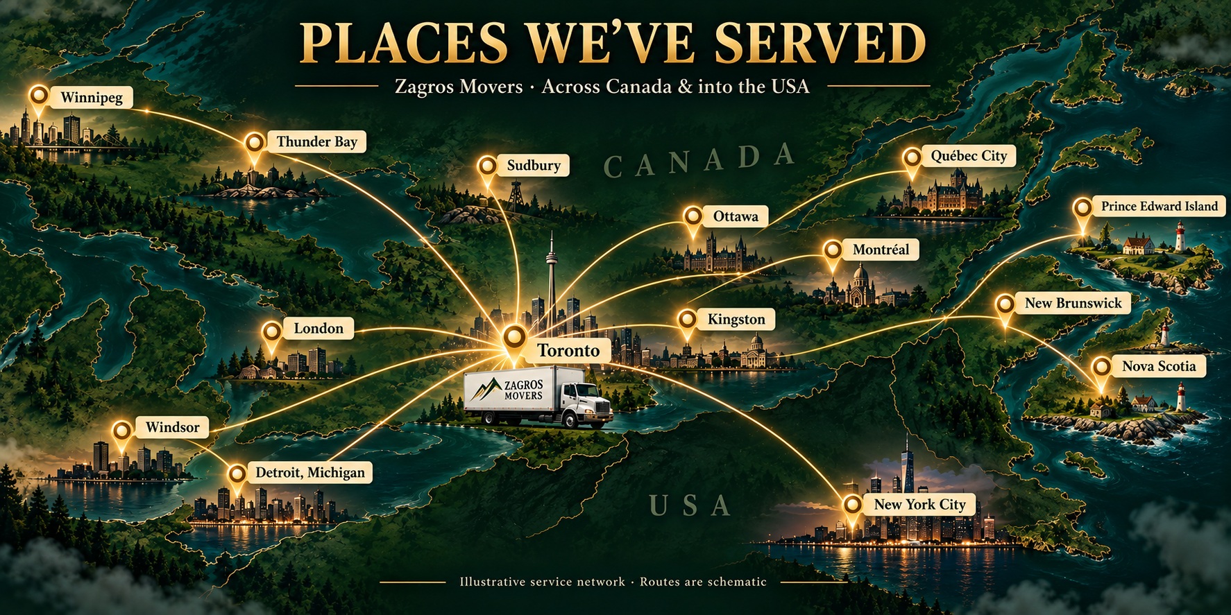 Illustrative Zagros Movers service network connecting Toronto with Winnipeg, Thunder Bay, Sudbury, London, Windsor, Kingston, Ottawa, Montréal, Québec City, New Brunswick, Nova Scotia, Prince Edward Island, Detroit and New York City