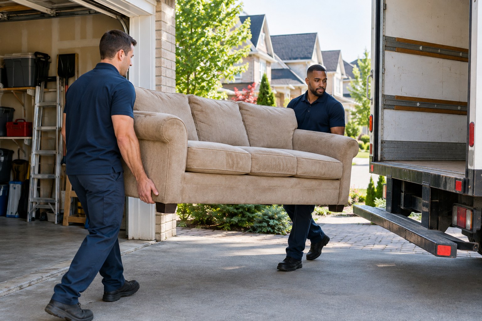 Illustration of a crew carrying an old sofa from a garage