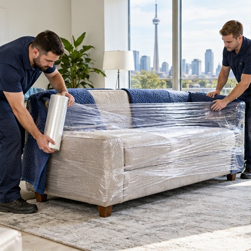 Illustration of professional movers protecting a sofa inside a home