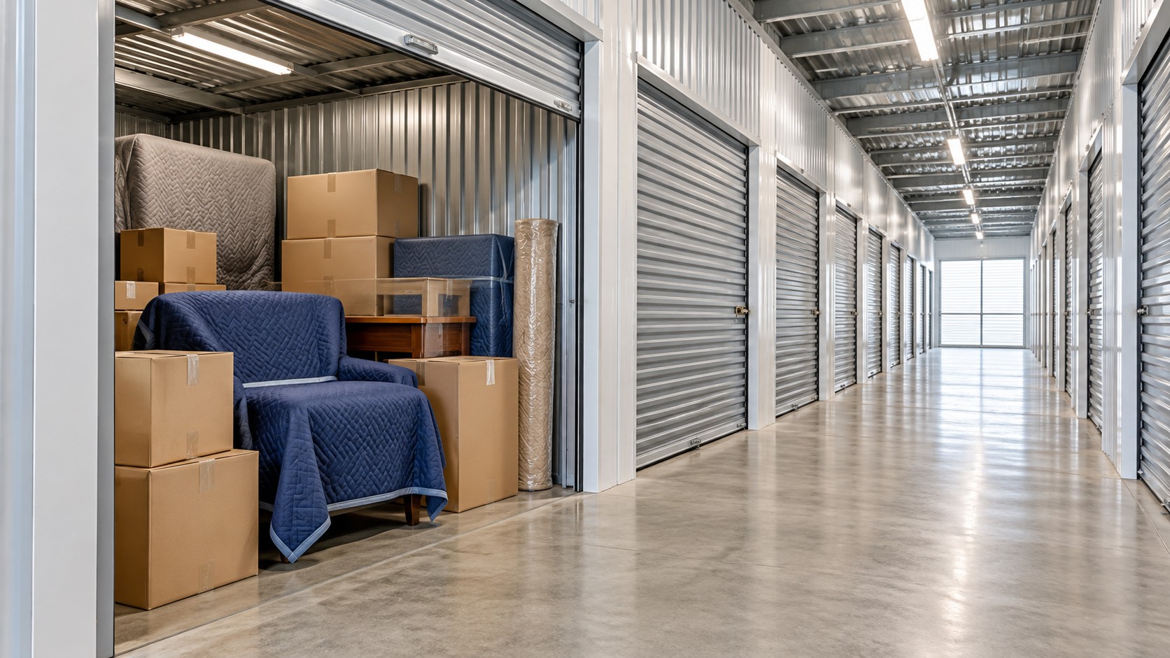 Illustrative indoor storage facility with storage unit doors and neatly packed belongings