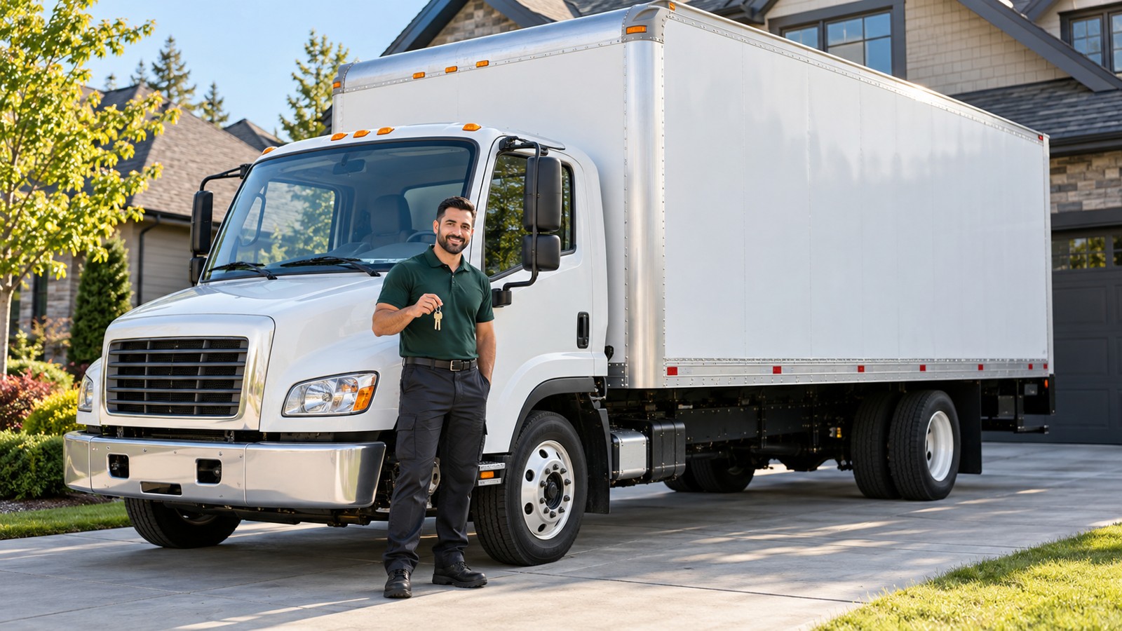 AI illustration of a large white moving truck with a professional driver standing beside the cab