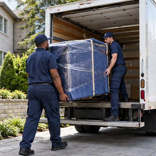 Illustration of movers loading protected furniture into a box truck